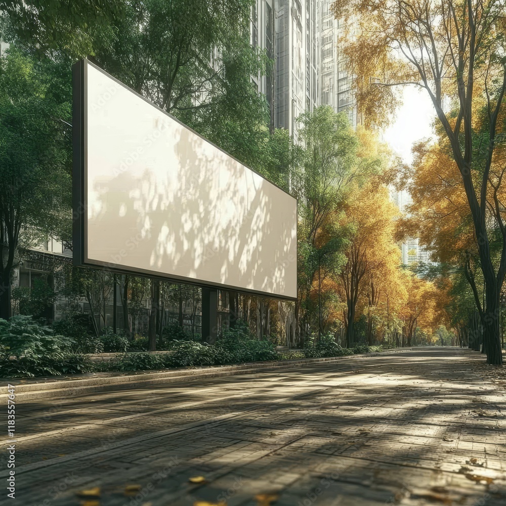 Fototapeta premium Modern billboard mockup on tree-lined urban street with space for text