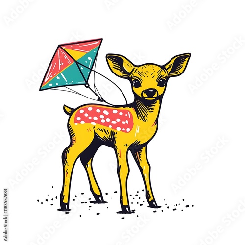 Cute fawn with kite, whimsical illustration photo