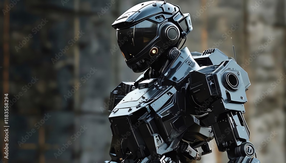 Futuristic robot stands urban ruin, sci-fi film. Futuristic robot stands urban ruin, sci-fi film.