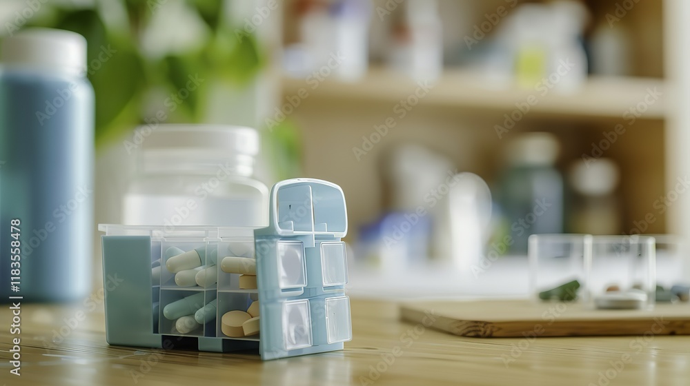 Close-up of a pill organizer on a wooden table with medical supplies, representing daily medication management for chronic illness and health care routines Close-up of a pill organizer on a wooden table with medical supplies, representing daily medication management for chronic illness and health care routines