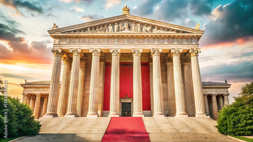 Obraz premium A grand building with a central dome and multiple towers, surrounded by columns and intricate architectural details