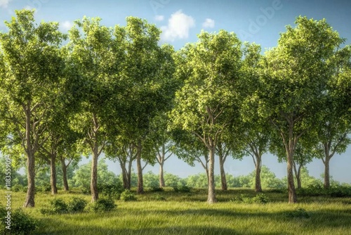 Wallpaper Mural Green Trees Stand Tall in Meadow with Lush Grass and Clear Sky, Summer Landscape Theme. Torontodigital.ca