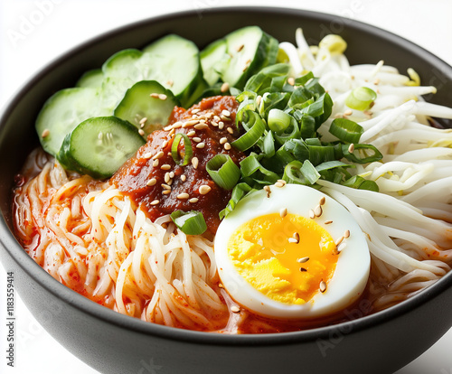 A Refreshing Bowl of Naengmyeon with Spicy Broth and Toppings photo