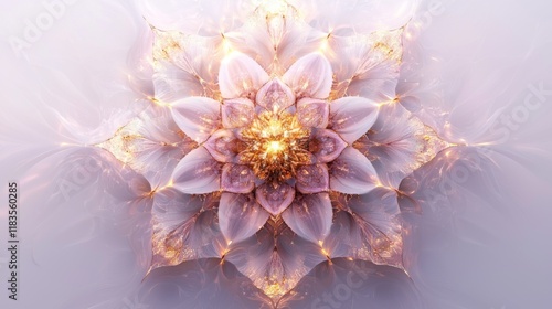 Warm Gold and Lavender Mandala on White Background with Glowing Edges