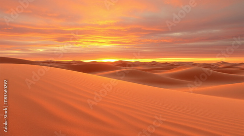 Surreal desert sunset landscape, volumetric lighting, soft velvet-like sand dunes, golden and reddish hues, detailed silky sand texture, tranquil and mysterious atmosphere photo