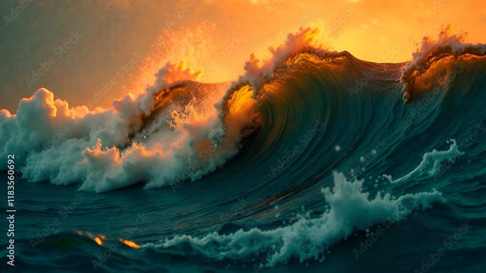 Abstract Background. As the sun sets on the horizon, a large wave is crashing dramatically in the vast ocean, creating a breathtaking view of natures beauty
