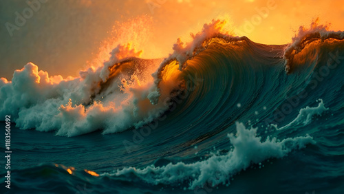 Obraz na płótnie Abstract Background. As the sun sets on the horizon, a large wave is crashing dramatically in the vast ocean, creating a breathtaking view of natures beauty w salonie