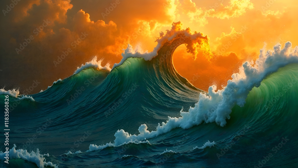 Abstract Background. As the sun sets on the horizon, a large wave is crashing dramatically in the vast ocean, creating a breathtaking view of natures beauty