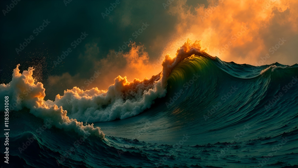 Abstract Background. As the sun sets on the horizon, a large wave is crashing dramatically in the vast ocean, creating a breathtaking view of natures beauty
