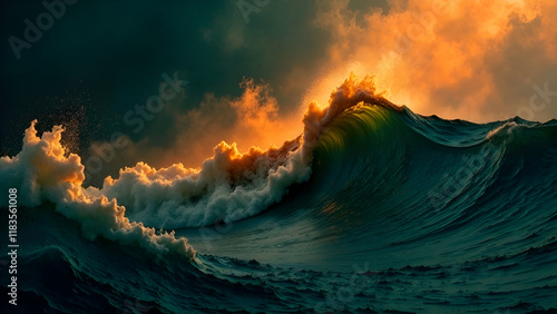 Obraz na płótnie Abstract Background. As the sun sets on the horizon, a large wave is crashing dramatically in the vast ocean, creating a breathtaking view of natures beauty w salonie