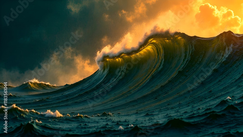 Abstract Background. As the sun sets on the horizon, a large wave is crashing dramatically in the vast ocean, creating a breathtaking view of natures beauty