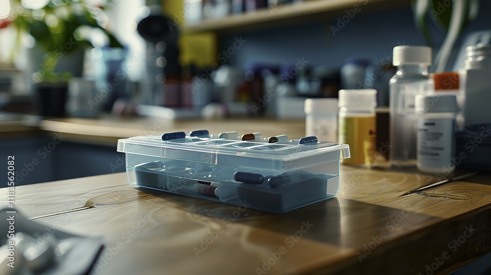 Close-up of a pill organizer on a wooden table with medical supplies, representing daily medication management for chronic illness and health care routines Close-up of a pill organizer on a wooden table with medical supplies, representing daily medication management for chronic illness and health care routines