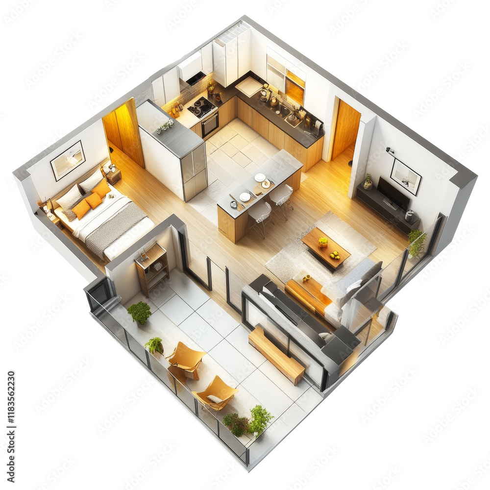 An isometric view showcasing a modern apartment's interior design including a kitchen, bedroom, living area, and balcony. An isometric view showcasing a modern apartment's interior design including a kitchen, bedroom, living area, and balcony.