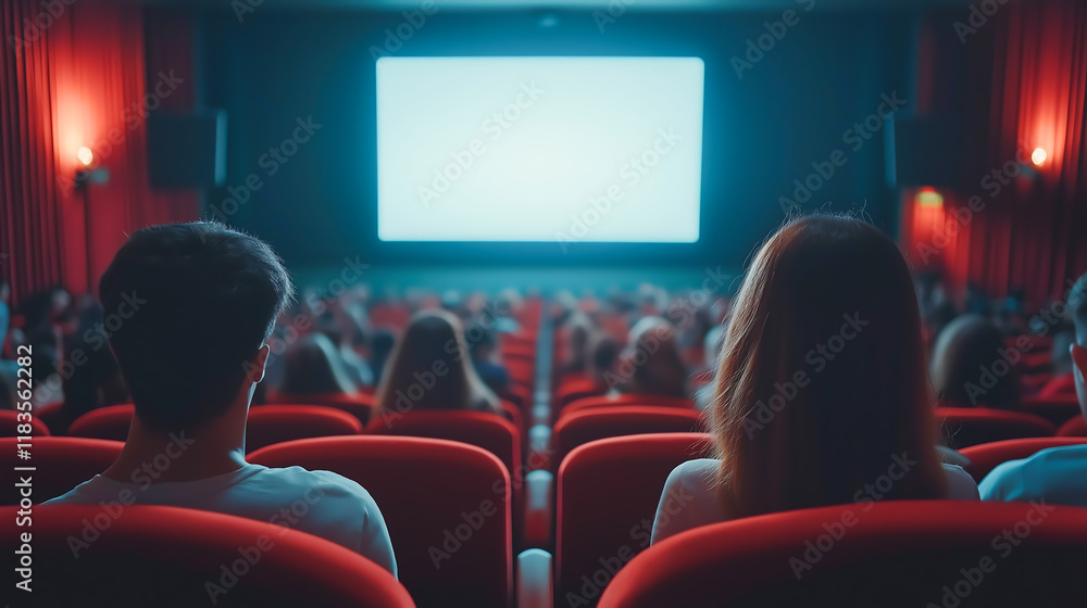 Movie theater screen with audience. Movie theater auditorium with screen and red seats. Leisure entertainment movies and people concept