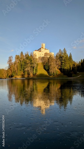 Obraz na płótnie Beautiful winter scenery of Trakošćan Castle on the hill by the lake in the forest at Croatia, county hrvatsko zagorje, nature background w salonie