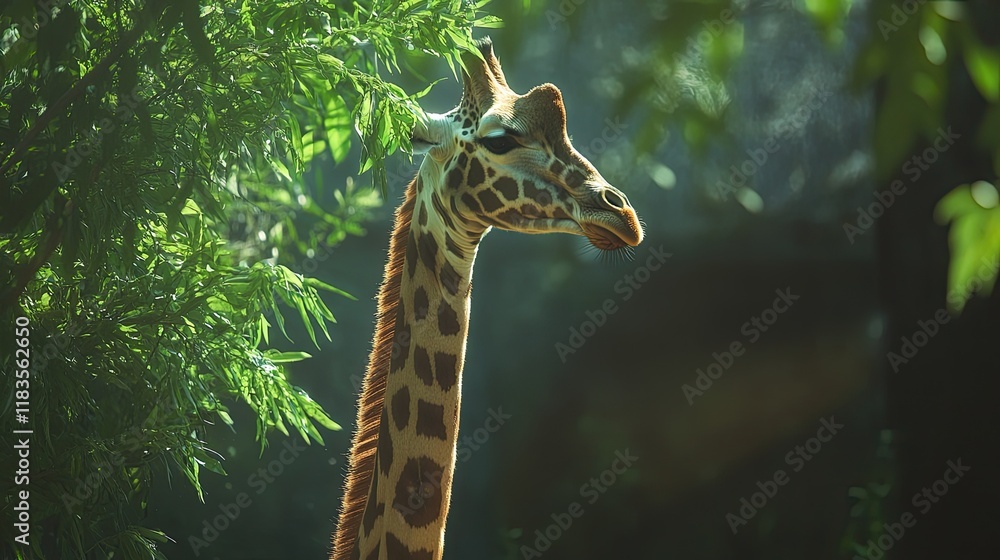 Fototapeta premium Giraffe in lush foliage, sunlit enclosure, peaceful scene, wildlife conservation.