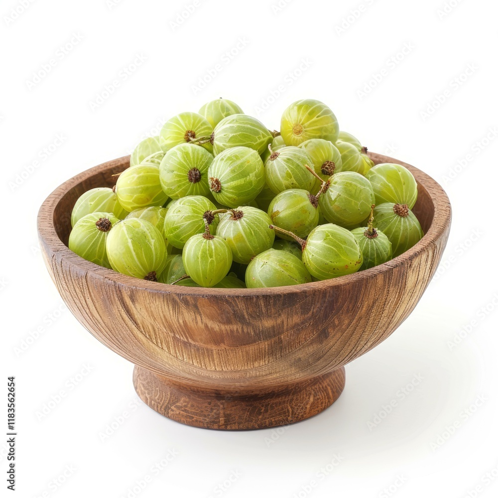 Wooden bowl full of ripe green gooseberries, isolated on a white background Wooden bowl full of ripe green gooseberries, isolated on a white background