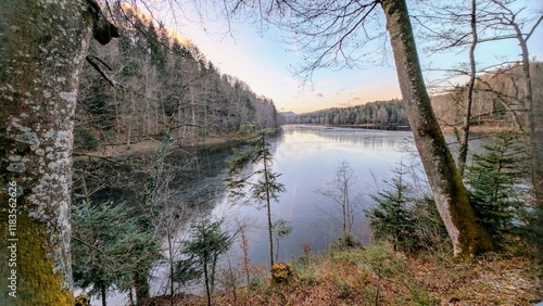 Obraz na płótnie Beautiful autumn winter scenery, lakeside landscape at Trakoscan, Croatia, county hrvatsko zagorje w salonie