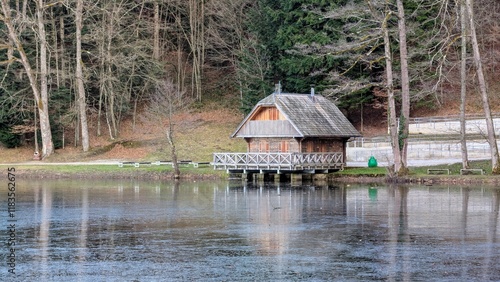 Obraz na płótnie Old wooden house by the Trakoscan lake in Croatia, County Hrvatsko Zagorje, nature forest background w salonie