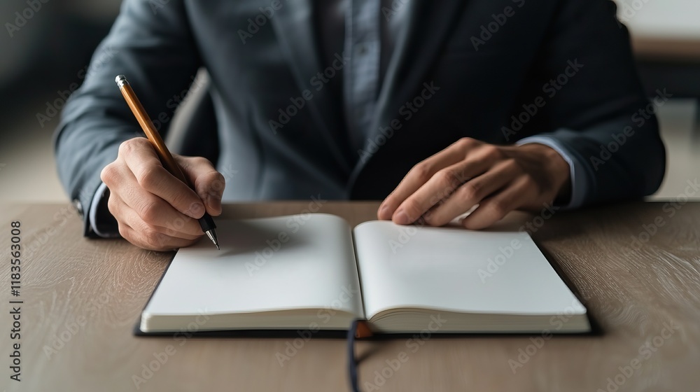 Strategic planning drives vision and boosts productivity. A professional in a suit writes in a blank notebook, emphasizing concentration and productivity in a minimalist workspace. Strategic planning drives vision and boosts productivity. A professional in a suit writes in a blank notebook, emphasizing concentration and productivity in a minimalist workspace.