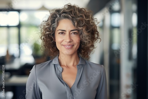 Portrait of a successful businesswoman with curly hair, exuding confidence and professionalism in a modern office environment