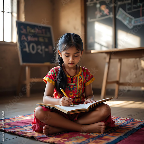 Poor Indian village school girl sitting on floor and doing her school assignment.