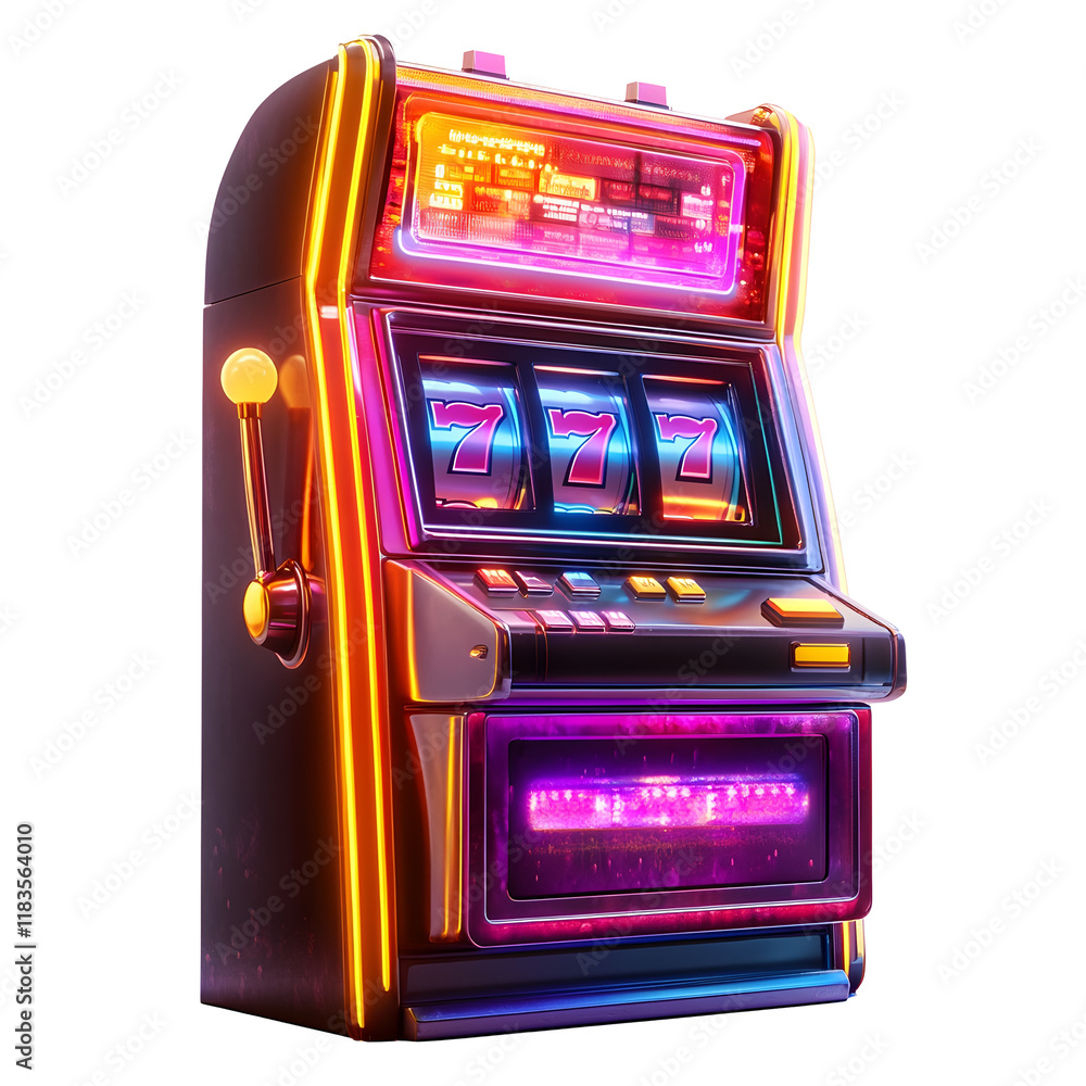 Captivating Slot Machine with Dazzling Neon Lights and Sleek Metallic Casing on Clean White Background Captivating Slot Machine with Dazzling Neon Lights and Sleek Metallic Casing on Clean White Background