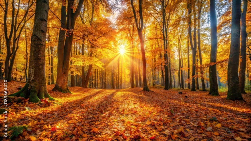 A serene landscape of autumn foliage with golden sunlight filtering through the trees, casting a warm glow on the forest floor , autumn background loops, fall scenery A serene landscape of autumn foliage with golden sunlight filtering through the trees, casting a warm glow on the forest floor , autumn background loops, fall scenery