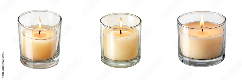 Three Burning Candles in Glass Holders, Isolated on White Background, Relaxation, Home Decor, Spa, Candles, Relaxation, Ambiance Three Burning Candles in Glass Holders, Isolated on White Background, Relaxation, Home Decor, Spa, Candles, Relaxation, Ambiance