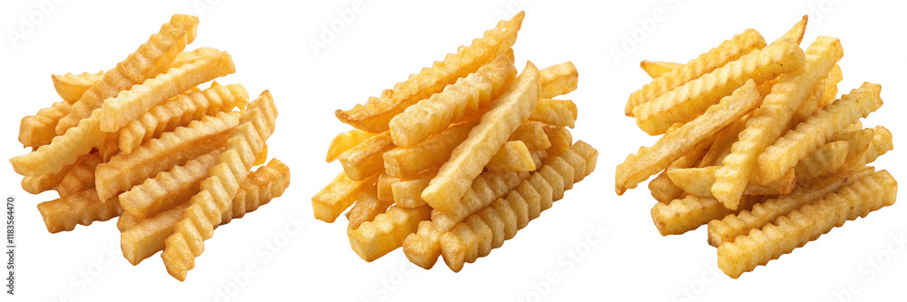 Three Piles of Crispy Crinkle-Cut French Fries Isolated on White Background, Food Photography, Fast Food, French Fries, Crinkle Cut, Food Three Piles of Crispy Crinkle-Cut French Fries Isolated on White Background, Food Photography, Fast Food, French Fries, Crinkle Cut, Food