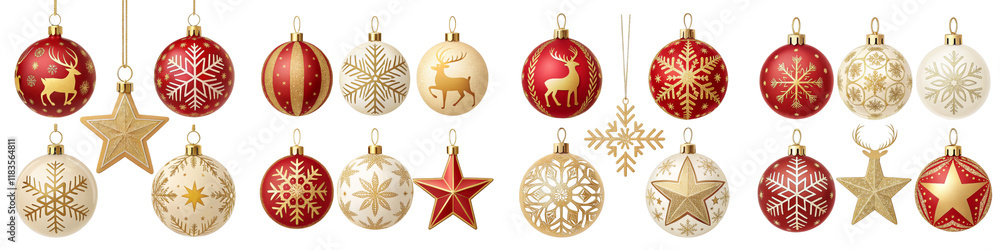 Red and Gold Christmas Ornaments Collection Stars, Reindeer, Snowflakes, Isolated on White Background, Holiday Decorations, Christmas, Ornament, Holiday Red and Gold Christmas Ornaments Collection Stars, Reindeer, Snowflakes, Isolated on White Background, Holiday Decorations, Christmas, Ornament, Holiday