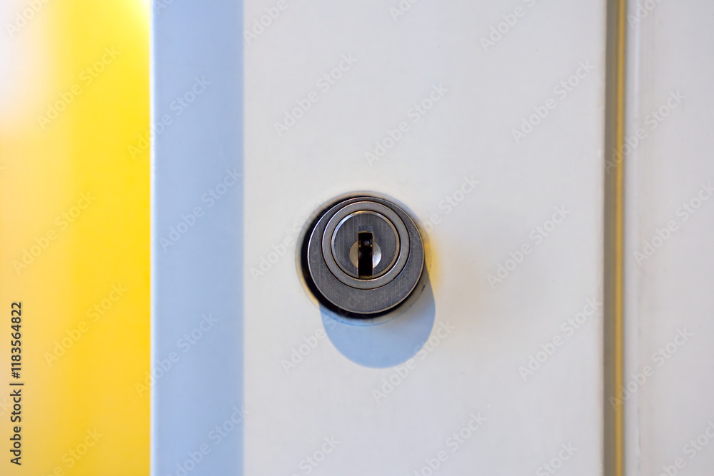 Close-up of keyhole of white metal frame glass door outside of closed door of apartment building on a winter morning. Photo taken January 9th, 2025, Zurich, Switzerland. Close-up of keyhole of white metal frame glass door outside of closed door of apartment building on a winter morning. Photo taken January 9th, 2025, Zurich, Switzerland.