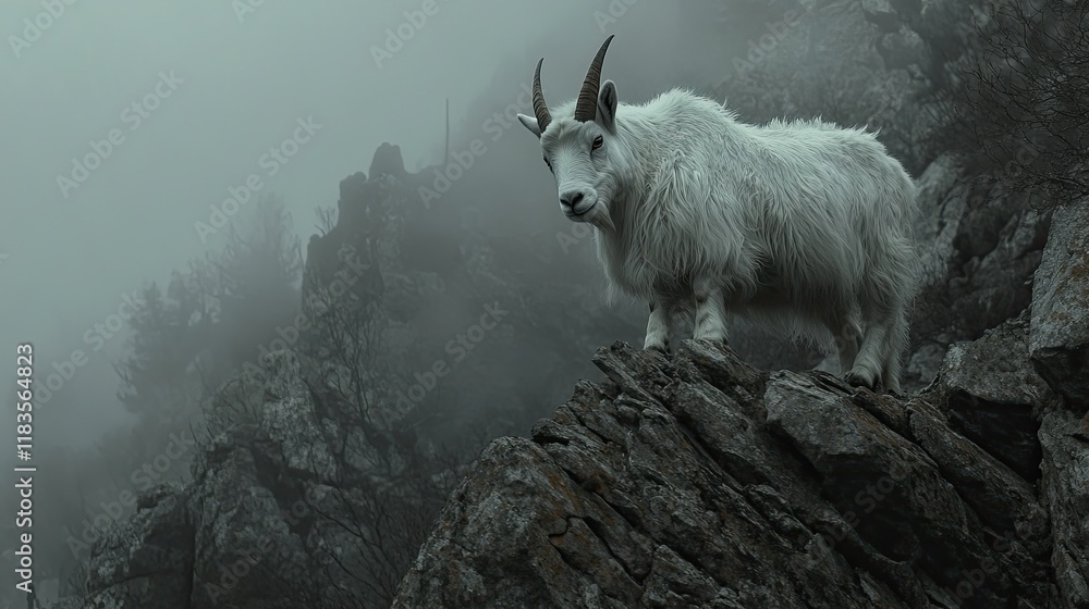 Fototapeta premium Mountain Goat on Rocky Peak in Foggy Landscape.