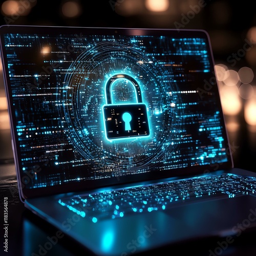 Wallpaper Mural A futuristic laptop displaying a glowing padlock symbol, representing cybersecurity and data protection Torontodigital.ca