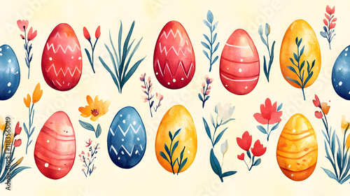 Pattern with watercolor painted Easter eggs and flowers.