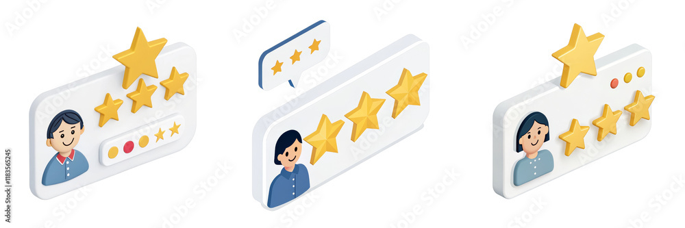 Isometric 3D Customer Review Illustration Five Stars, Feedback, User Profiles, Isolated on White Background, Customer satisfaction, feedback rating, review stars Isometric 3D Customer Review Illustration Five Stars, Feedback, User Profiles, Isolated on White Background, Customer satisfaction, feedback rating, review stars