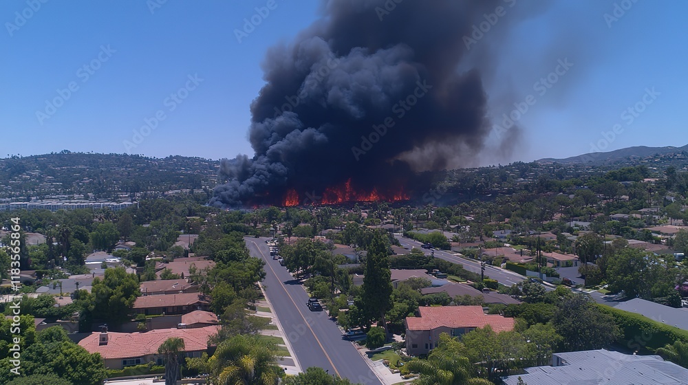 aerial view of wildfire burning in town with wide area covered with flame, smoke, ash and soot, black  cloud cover sky 