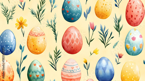 Pattern with watercolor painted Easter eggs and flowers.