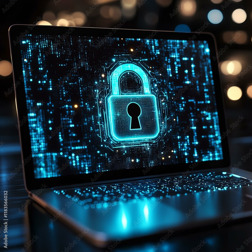 Fototapeta premium A laptop displays a glowing lock symbol, representing cybersecurity and digital safety. This image embodies the importance of online security in today's interconnected world.