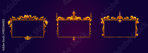 Medieval game frames set - ornate golden borders with decorative flourishes on dark background. Royal design elements with floral patterns and spiky finials. Fantasy RPG menu interface panels.