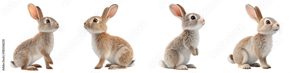 Fototapeta premium Four Cute Bunny Poses 3D Render Isolated on White Background, Rabbit, Hare, Animal, Rabbit, 3D rendering, Easter