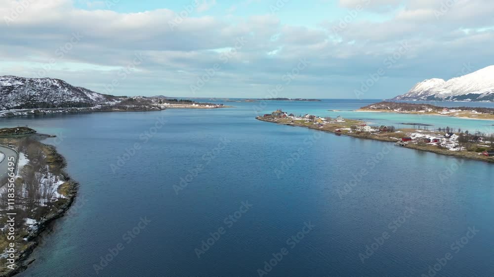 Aerial view of the fjord in Senja, Norway, sunny day, winter season Aerial view of the fjord in Senja, Norway, sunny day, winter season