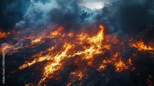 Wallpaper Mural aerial view of wildfire burning in wide area with flame fire and smoke  Torontodigital.ca