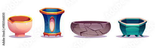 Antique flower pots set isolated on white. Vector cartoon illustration of ceramic, cracked stone, clay vases for gardening art, pottery for home interior design, elegant vessels for growing plants
