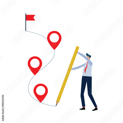 Roadmap concept. Workflow or working process, project progress, milestone or achievement tracking, work experience, businessman using pencil to draw workflow line with achievement flag milestones.