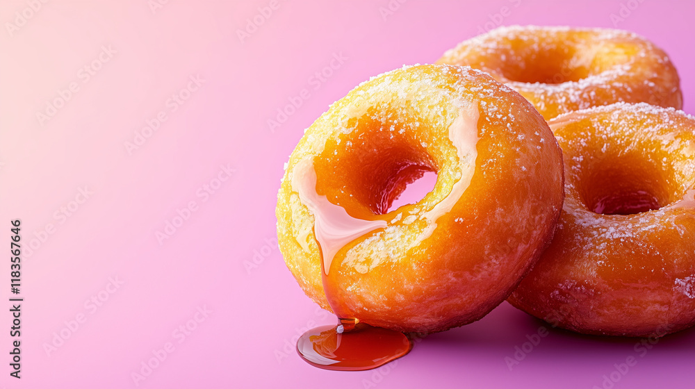 Picarones with syrup on pink gradient background Picarones with syrup on pink gradient background