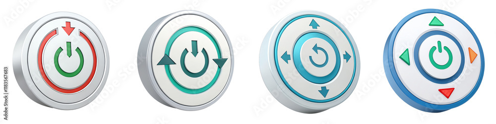 3D Rendered Circular Power Buttons with Arrows, Isolated on White Background, Control Interface Design, Button, Interface, Control 3D Rendered Circular Power Buttons with Arrows, Isolated on White Background, Control Interface Design, Button, Interface, Control