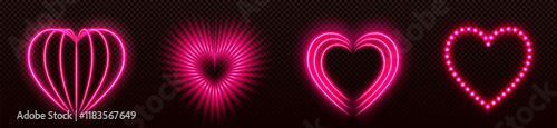 Pink neon hearts set isolated on transparent background. Vector realistic illustration of love symbols glowing in darkness, nightclub, casino, disco club decoration, shiny saint valentine day sign