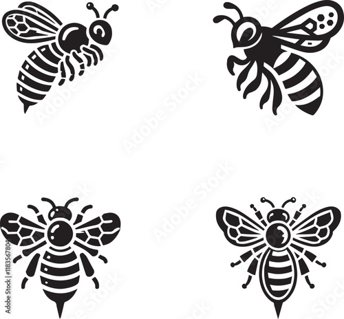 Set of Four Detailed Bee Silhouettes