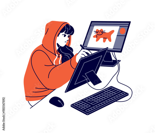 Digital artist painting on tablet at the desk. Painter creates arts on computer. Creative girl drawing sketches on PC at home office. Flat isolated contour vector illustration on white background